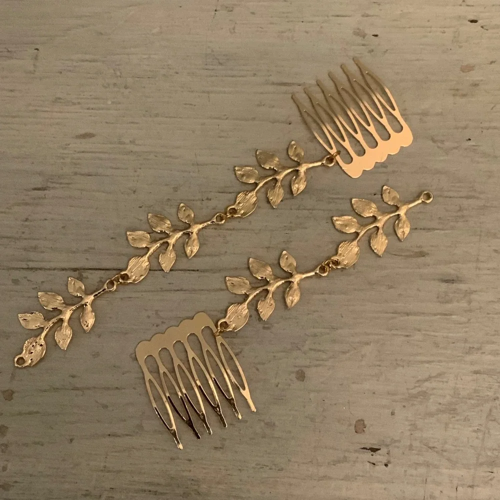 Set of Two Light Gold Toned Dangling Branch w/ Leaves Decorative Hair Combs GC‎